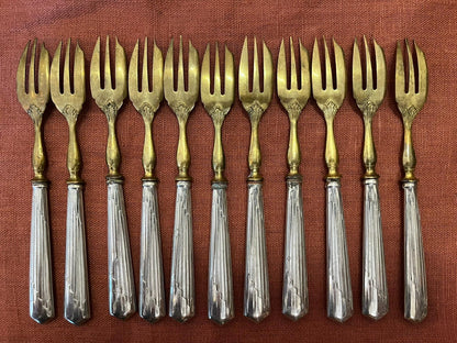 Lot de 11 fourchettes à gâteau Art Déco métal argenté doré vintage