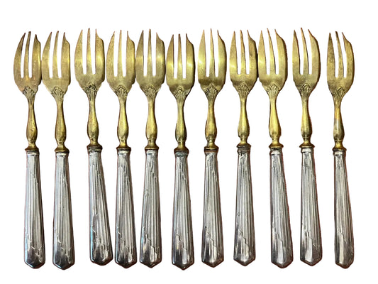 Lot de 11 fourchettes à gâteau Art Déco métal argenté doré vintage