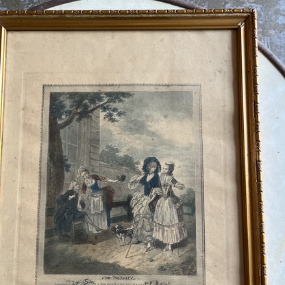 gravure ancienne encadrement doré La Promenade Du Matin 1774