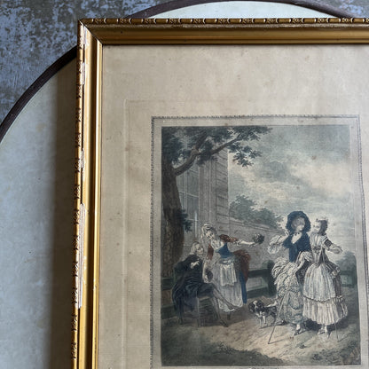 gravure ancienne encadrement doré La Promenade Du Matin 1774