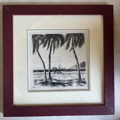 Dessin À L’encre Paysage Marin Palmier Signé H.B. Avec Encadrement