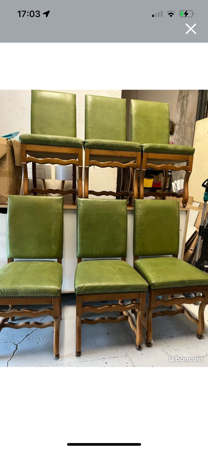 Ensemble de 6 chaises os de mouton cuir vert