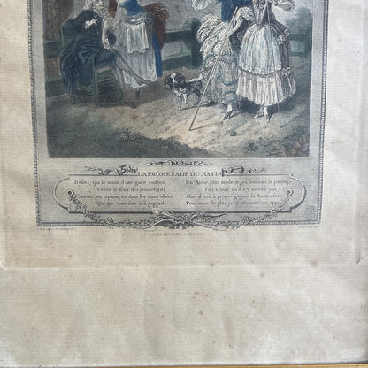 gravure ancienne encadrement doré La Promenade Du Matin 1774