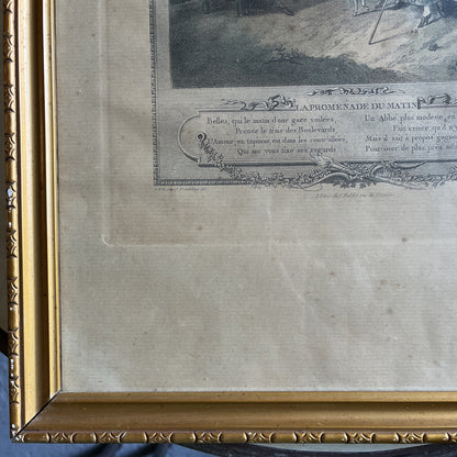 gravure ancienne encadrement doré La Promenade Du Matin 1774