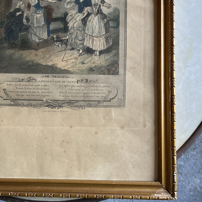 gravure ancienne encadrement doré La Promenade Du Matin 1774
