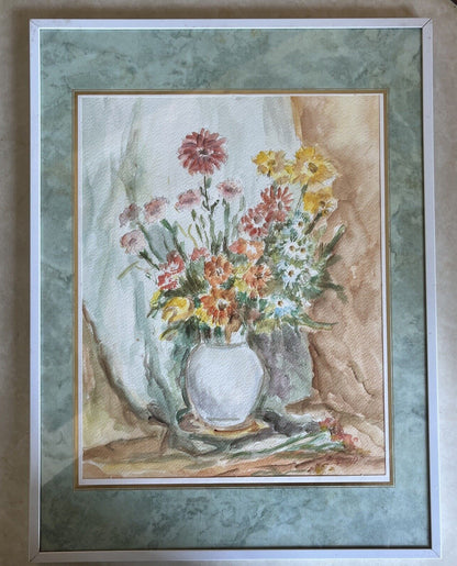 peinture aquarelle Bouquet De Fleurs Signé Sampieri Avec Encadrement