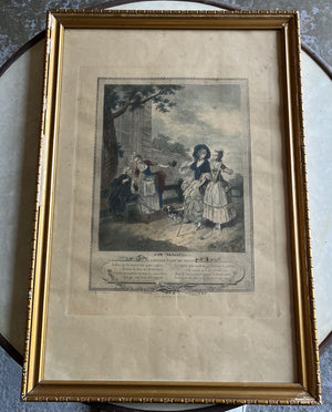 gravure ancienne encadrement doré La Promenade Du Matin 1774