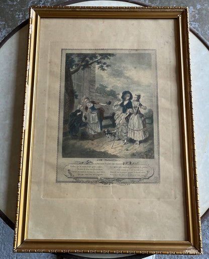gravure ancienne encadrement doré La Promenade Du Matin 1774
