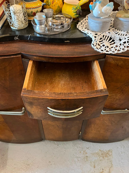 Buffet Art Déco en Noyer Moucheté avec Miroir Marbre Noir Années 1930