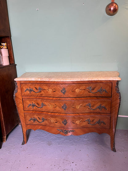 Grande commode style Louis XV marqueterie plateau marbre 3 tiroirs