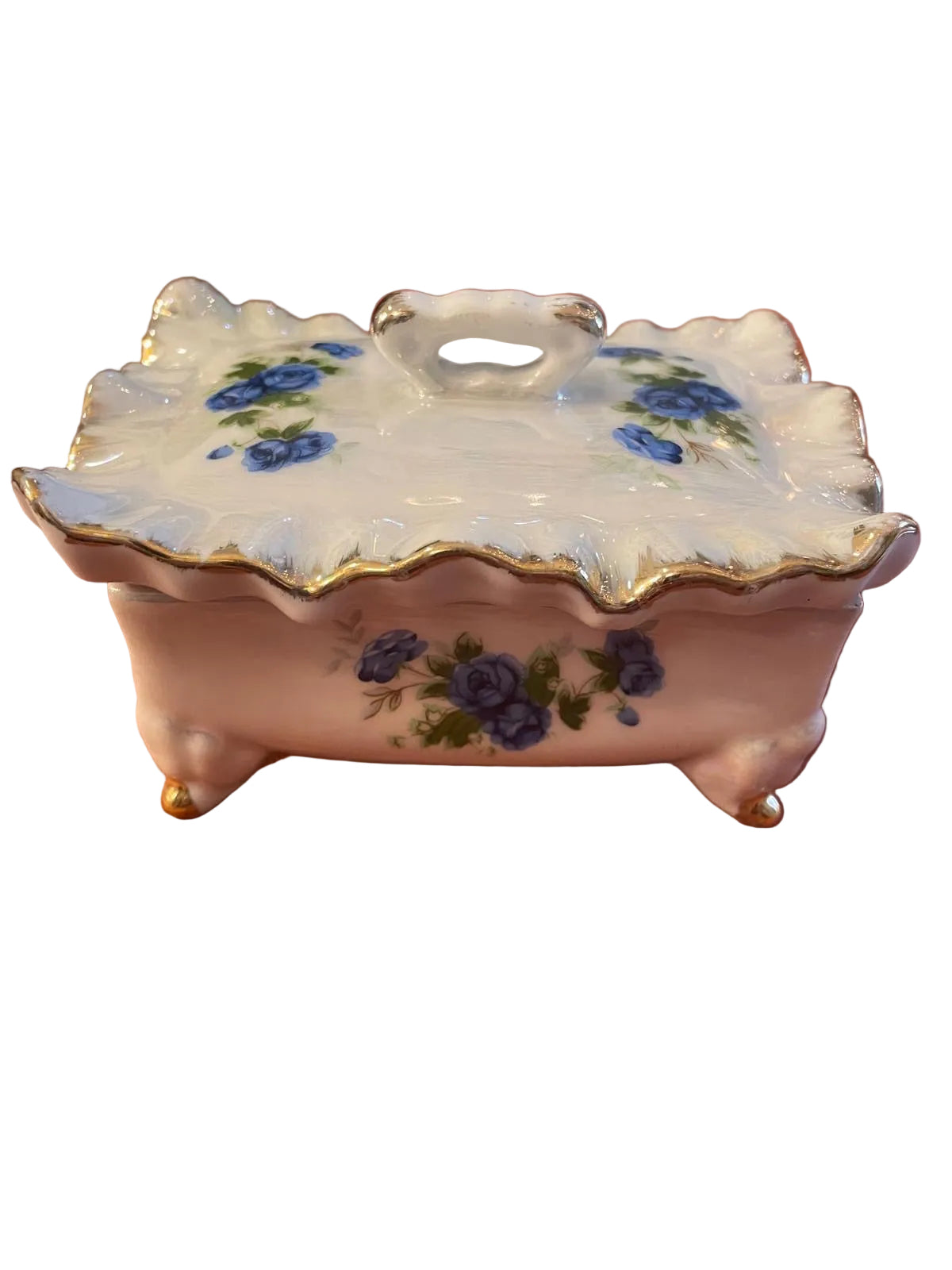Beurrier couvert en porcelaine décor de roses bleues et dorures