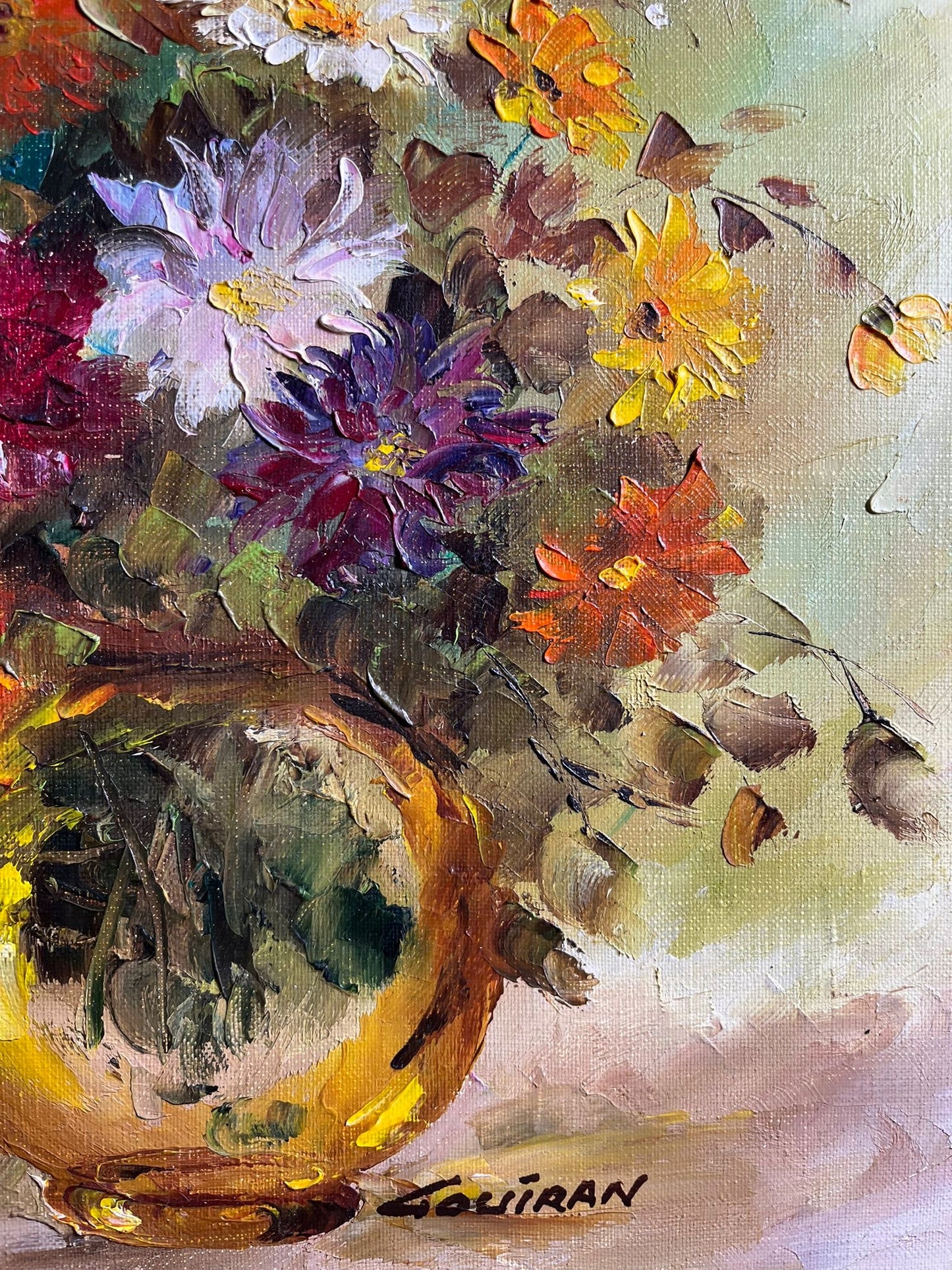 Huile sur toile bouquet floral signée Louiran, encadrée