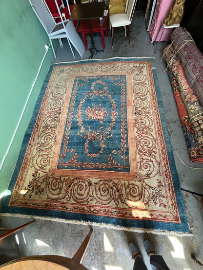 Grand tapis ancien en laine noué main décor floral bleu 294 x 225 cm