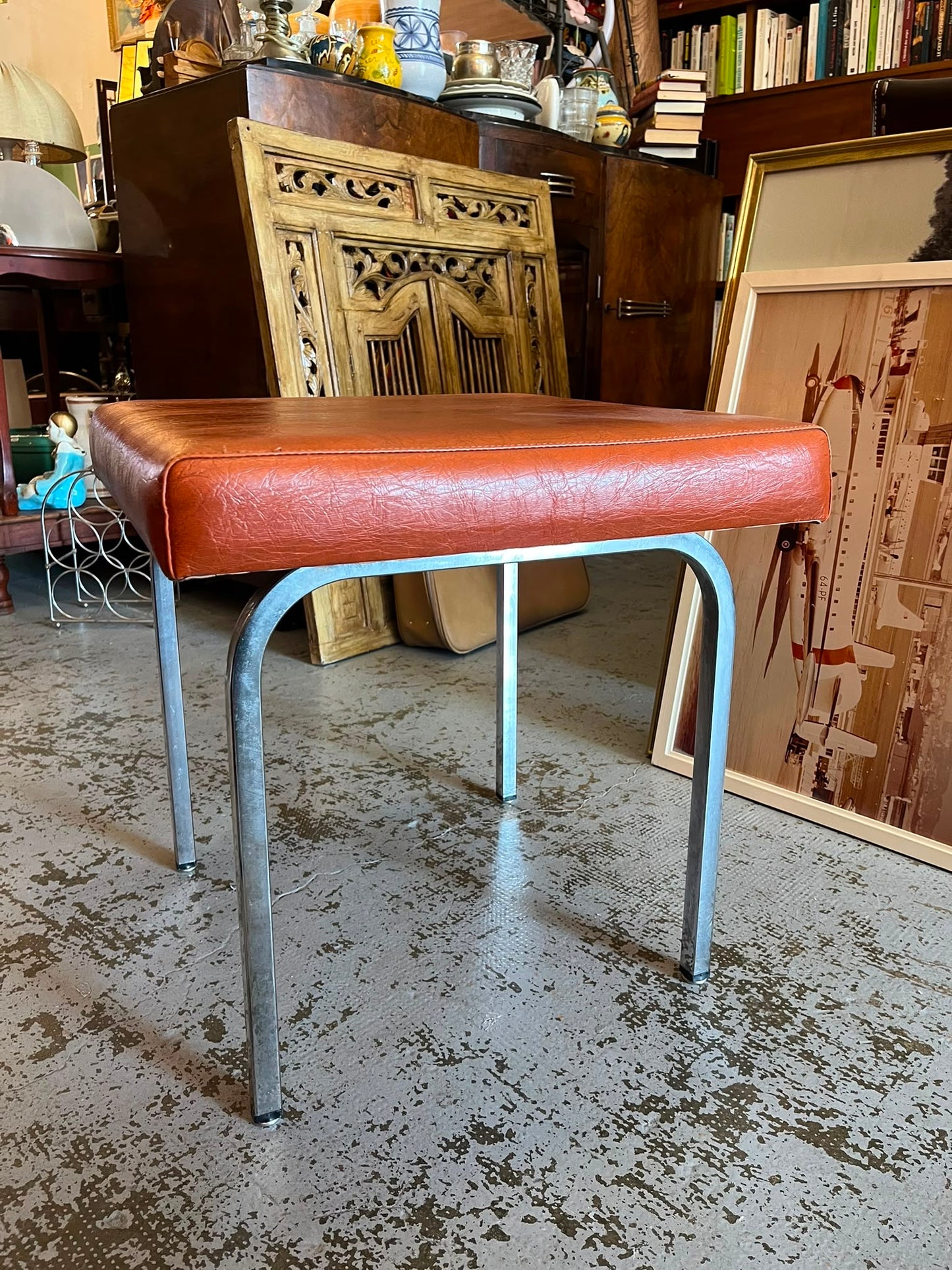 Tabouret vintage années 70 skaï cognac métal chromé