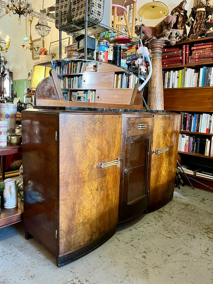Buffet bar Art Déco avec miroir en bois galbé – meuble années 1930
