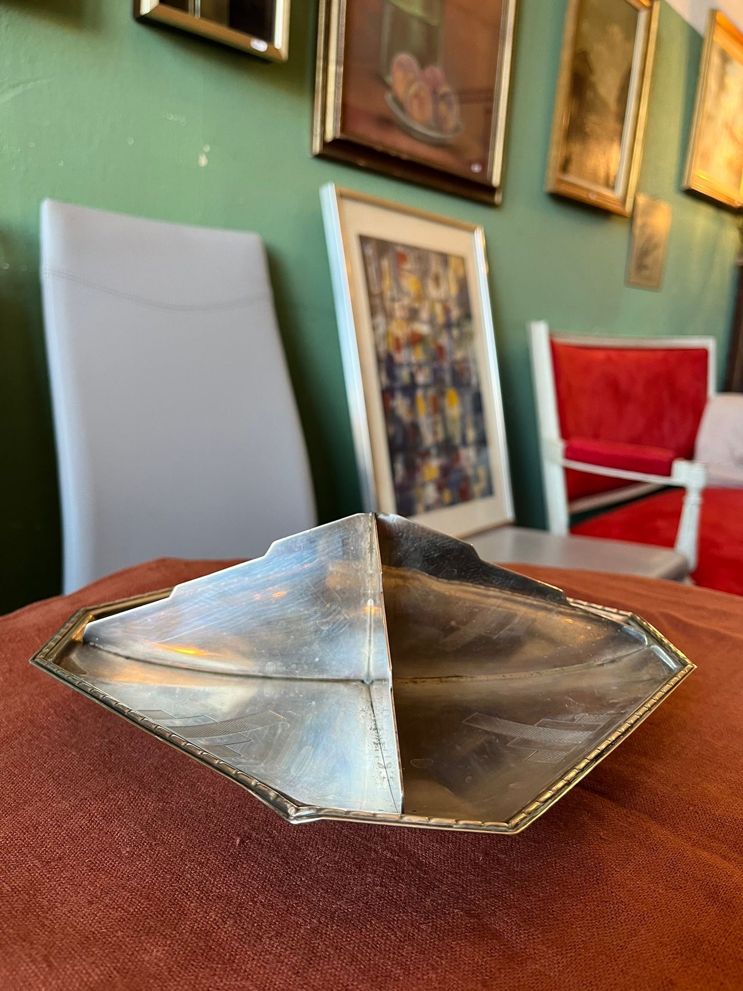 Vide-poche Art déco octogonal en métal argenté décor géométrique années 1930