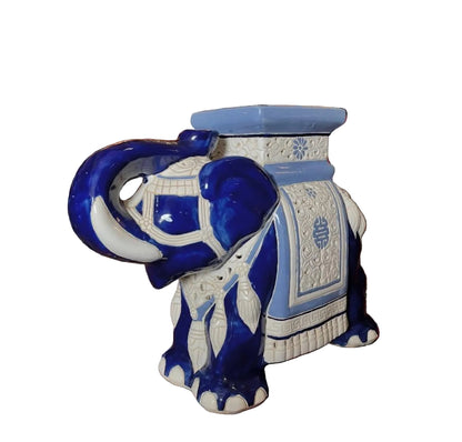 Tabouret éléphant céramique bleu porte plante asiatique