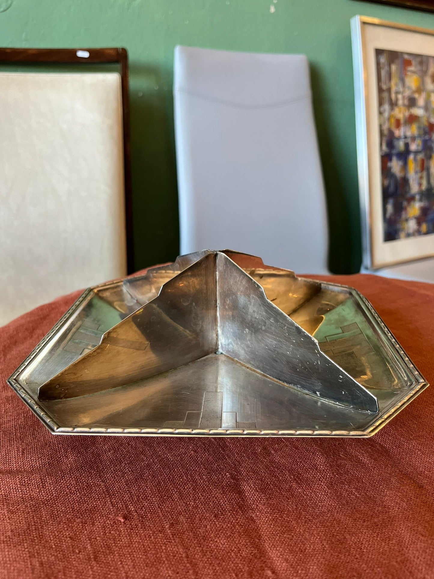 Vide-poche Art déco octogonal en métal argenté décor géométrique années 1930