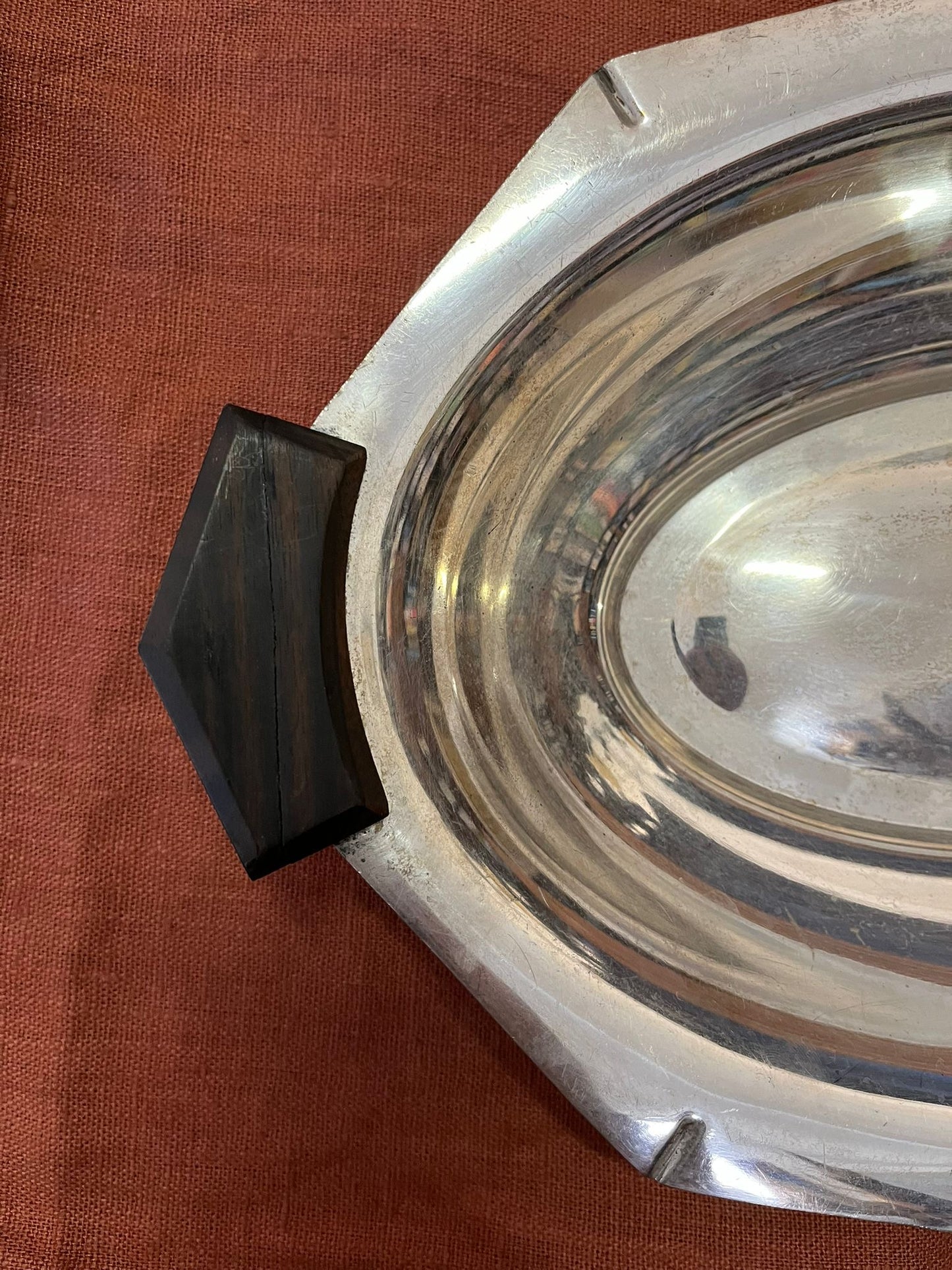 Plateau vide-poche Art Déco métal argenté poignées bakélite noire vintage 1930