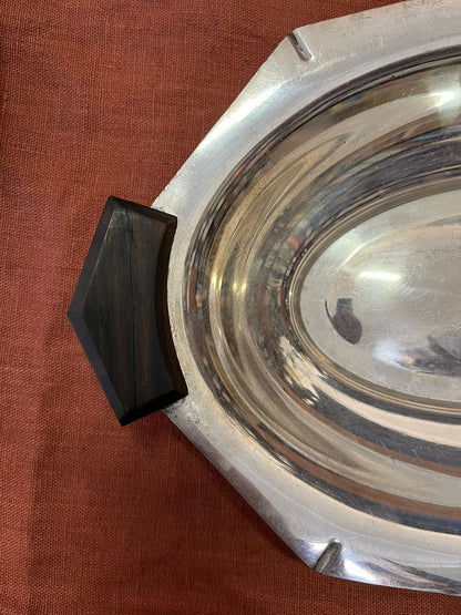 Plateau vide-poche Art Déco métal argenté poignées bakélite noire vintage 1930