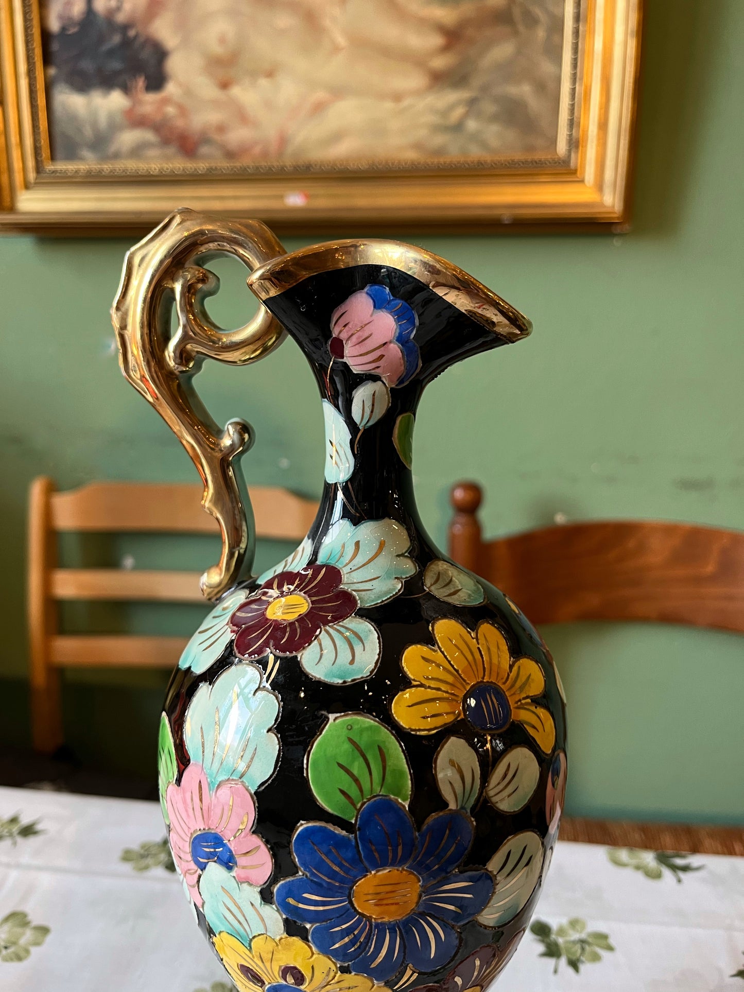 Pichet/aiguillère en céramique émaillée polychrome dorure au col signé Cerdazur Monaco