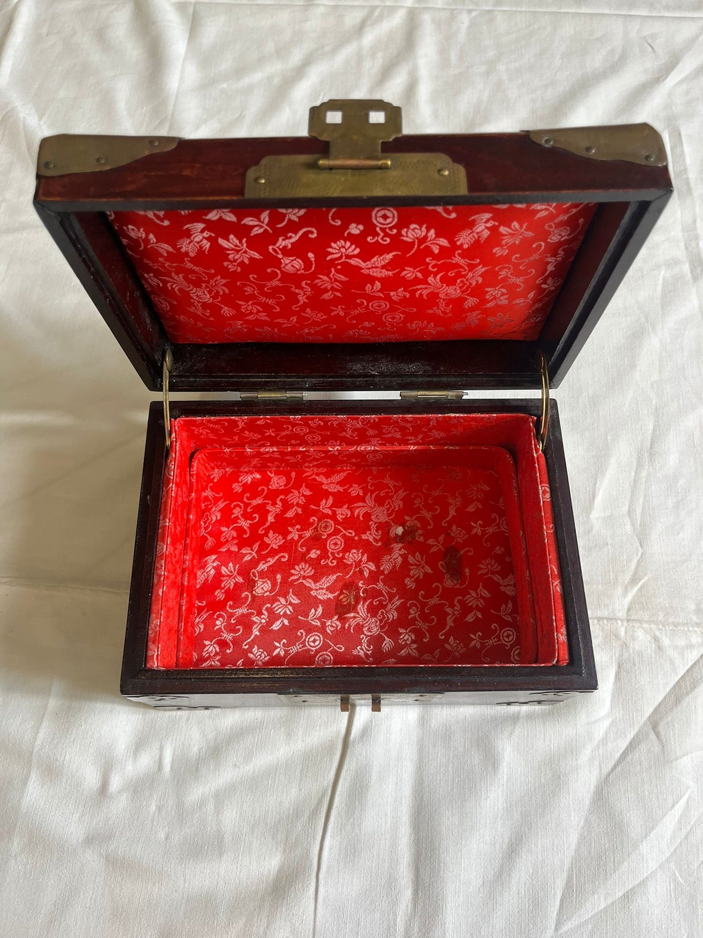 Boîte à Bijoux Chinoise Ancienne Bois Laiton Pierre Jade Coffret Asiatique