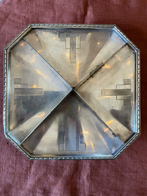 Vide-poche Art déco octogonal en métal argenté décor géométrique années 1930