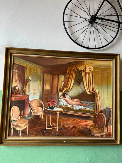 Grand tableau huile sur toile Raymond Riflar Nu intérieur Louis XVI 105x132 cm