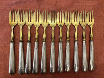 Lot de 11 fourchettes à gâteau Art Déco métal argenté doré vintage