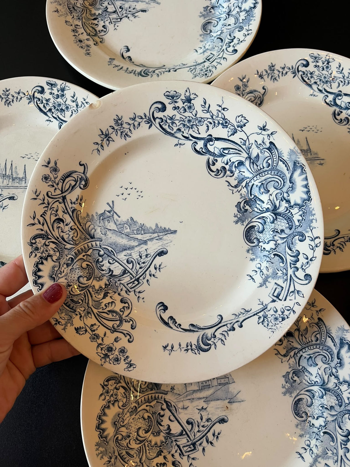 lot de 6 assiettes Salins Louis XV terre de fer décor bleu fin XIXe