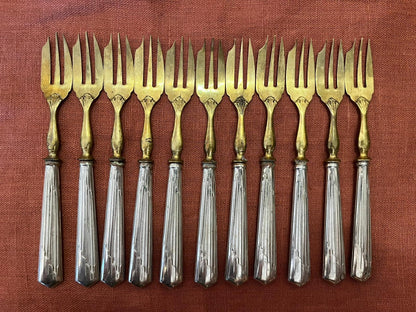 Lot de 11 fourchettes à gâteau Art Déco métal argenté doré vintage