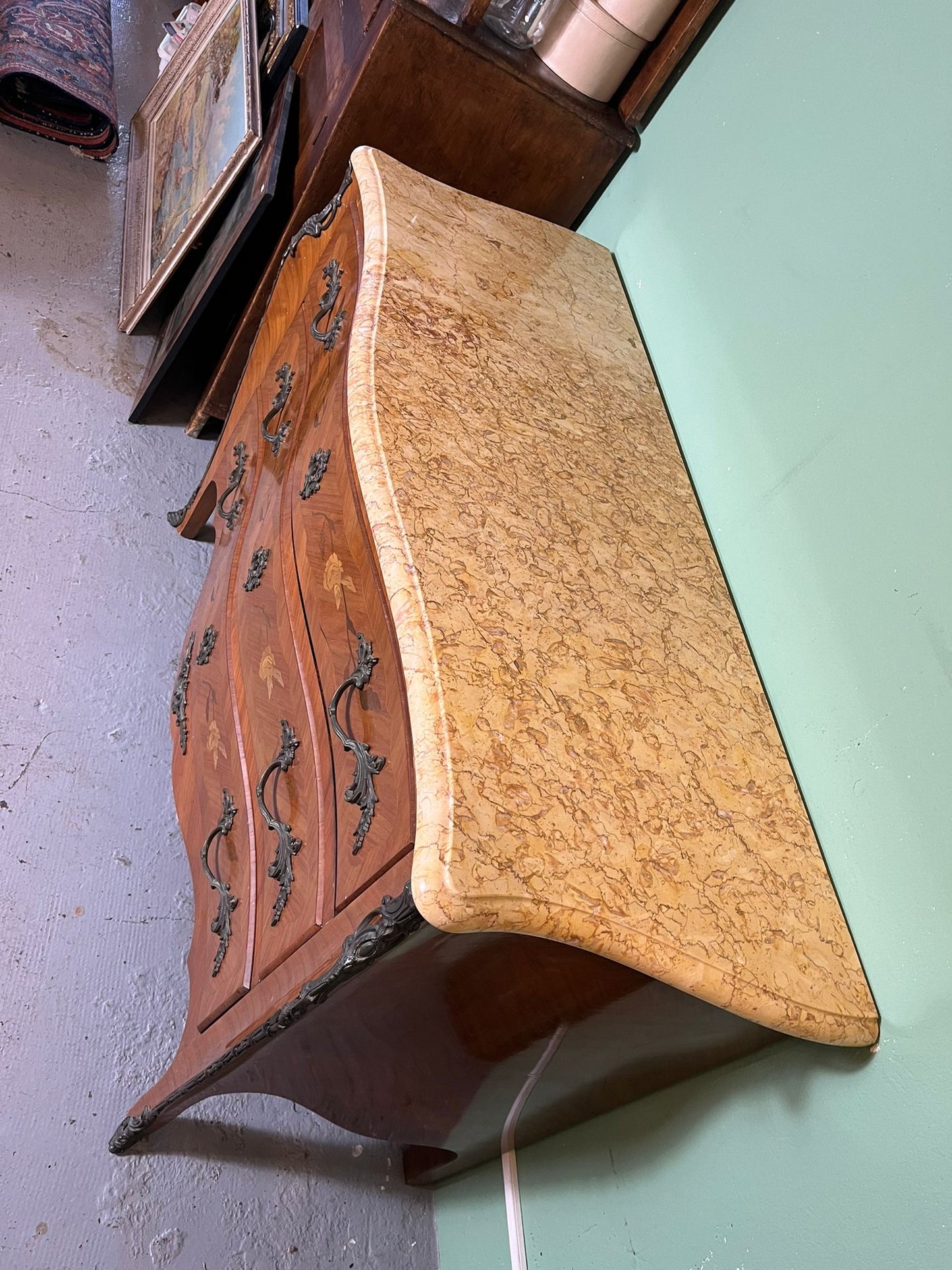 Grande commode style Louis XV marqueterie plateau marbre 3 tiroirs