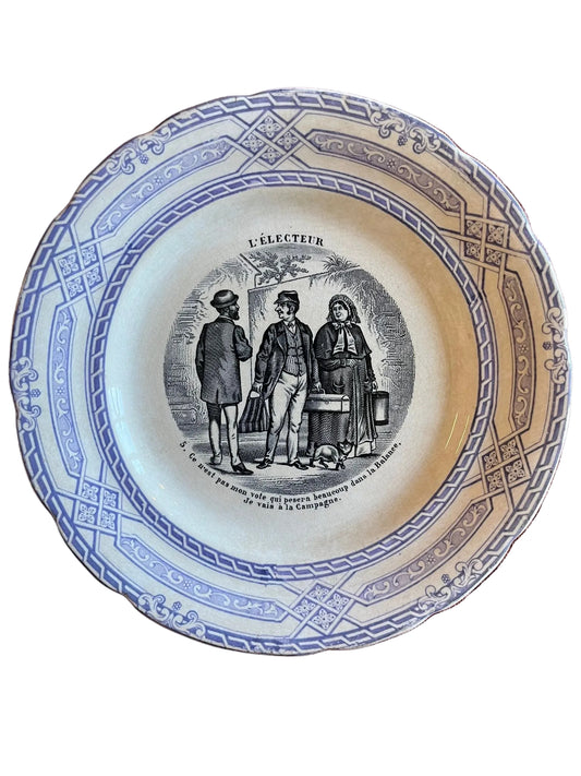 Assiette ancienne terre de fer parlante « L’Électeur » – Choisy-le-Roi XIXe