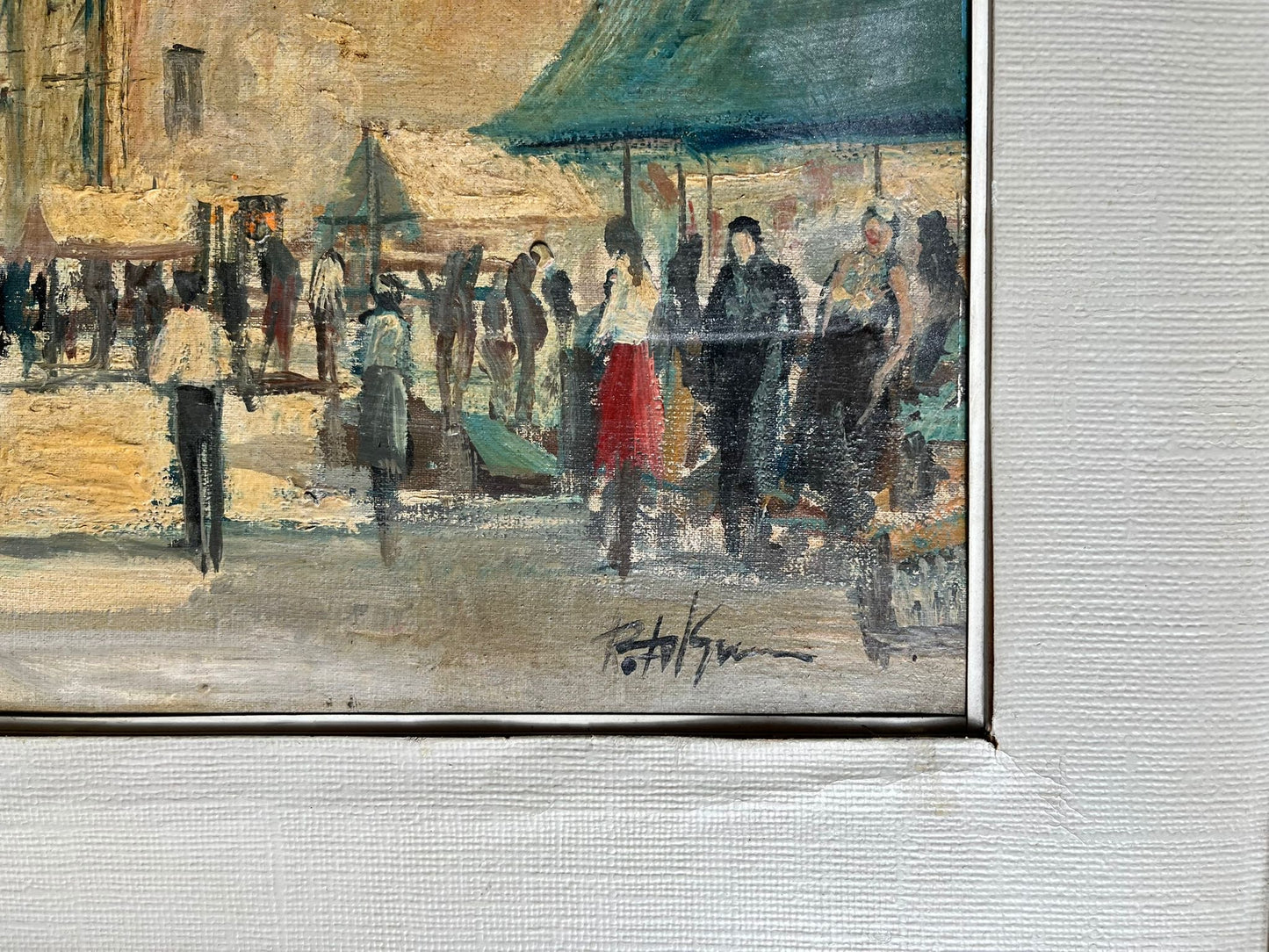 Tableau ancien scène de marché provençal, huile signée