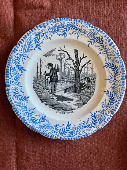 Lot de 6 assiettes anciennes terre de fer Saint-Amand « Comique » scènes de chasse