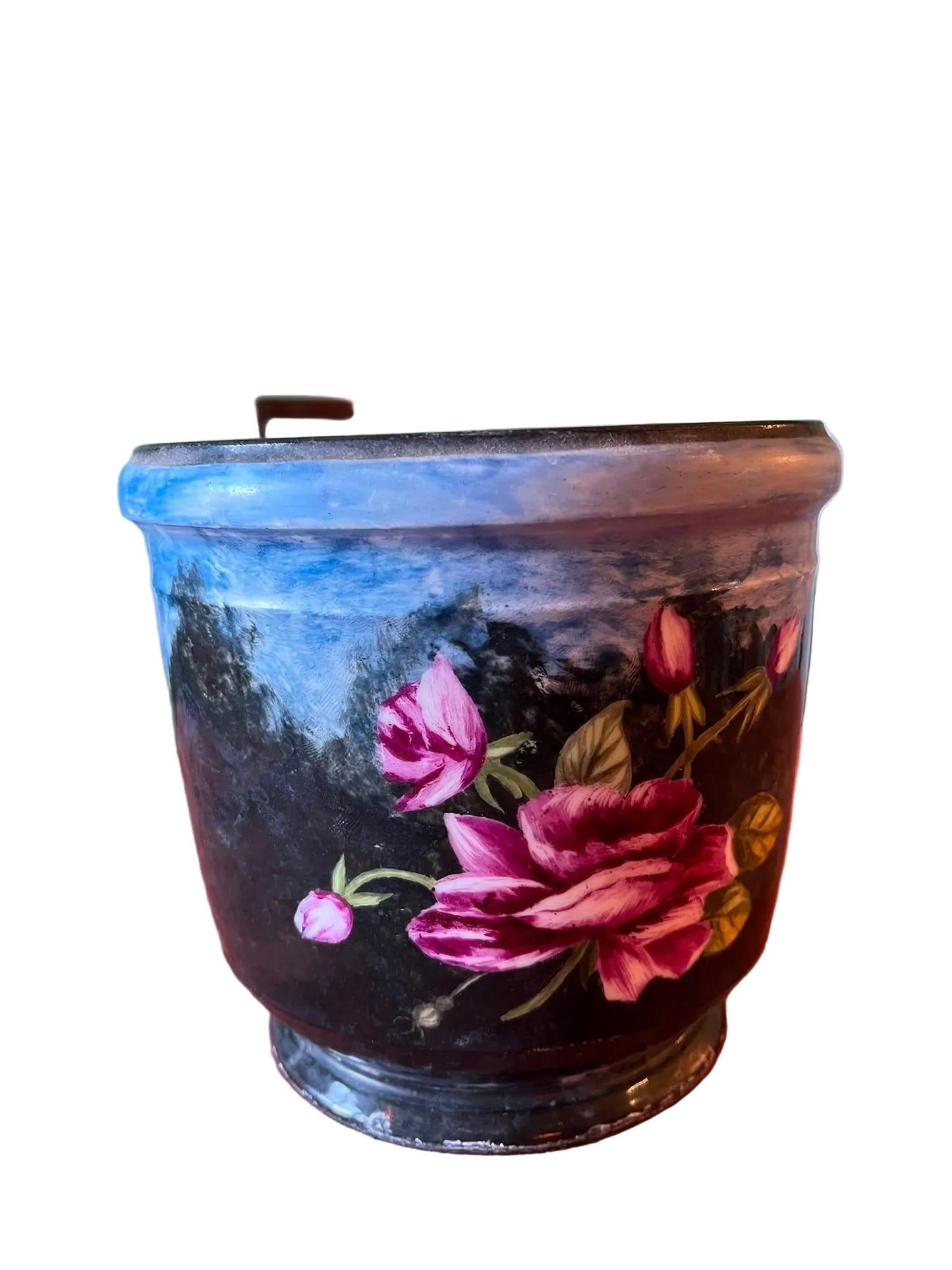 Cache-pot ancien en tôle émaillée noire à décor floral peint main