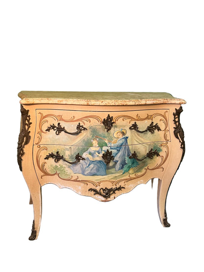 Commode galbée style Louis XV peinte scène romantique, plateau marbre