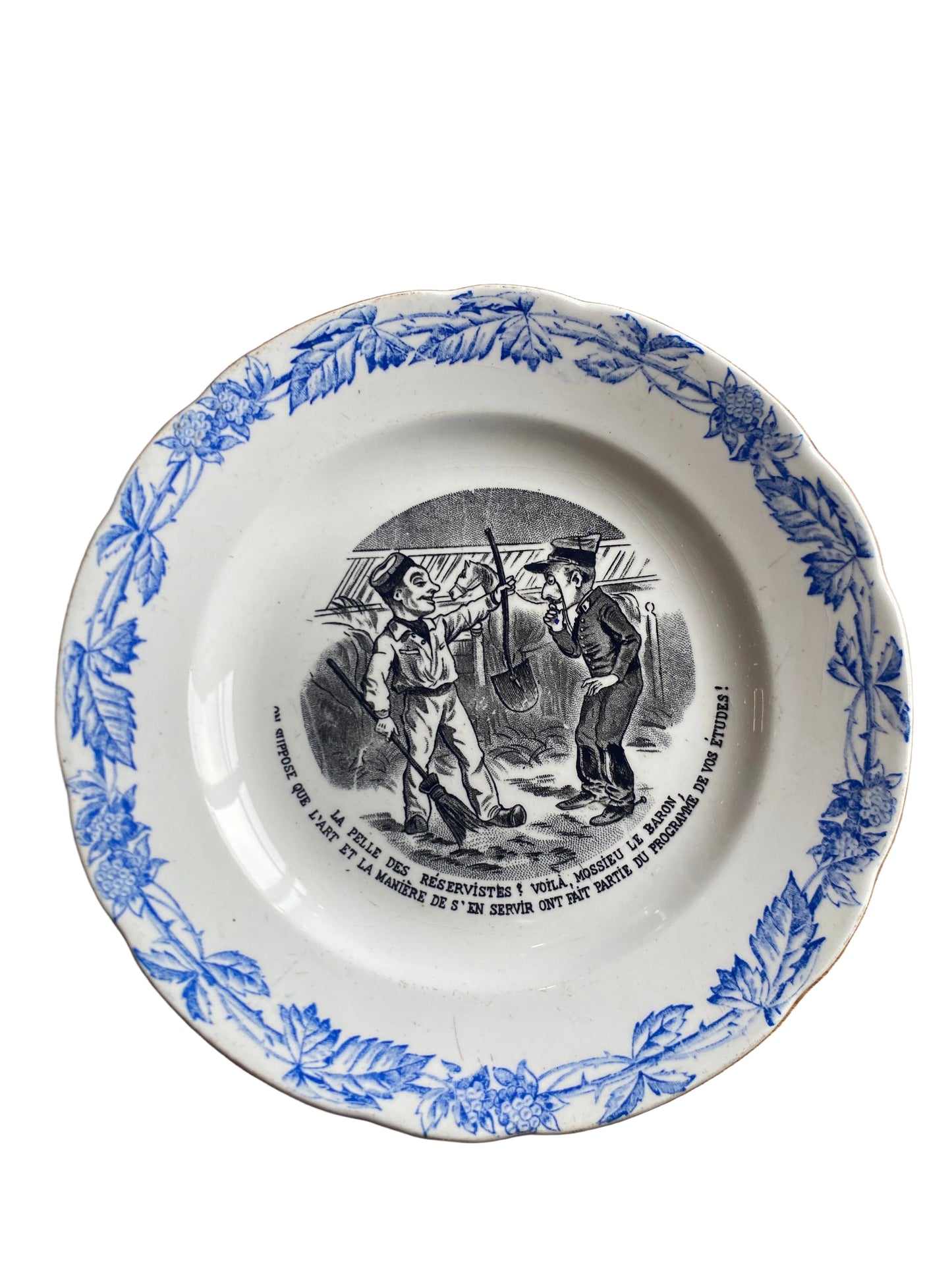 Assiette ancienne Murier faïence décor militaire réserviste humour XIXe siècle