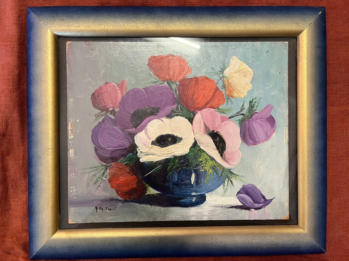 Tableau floral huile au couteau signé bouquet fleurs cadre vintage