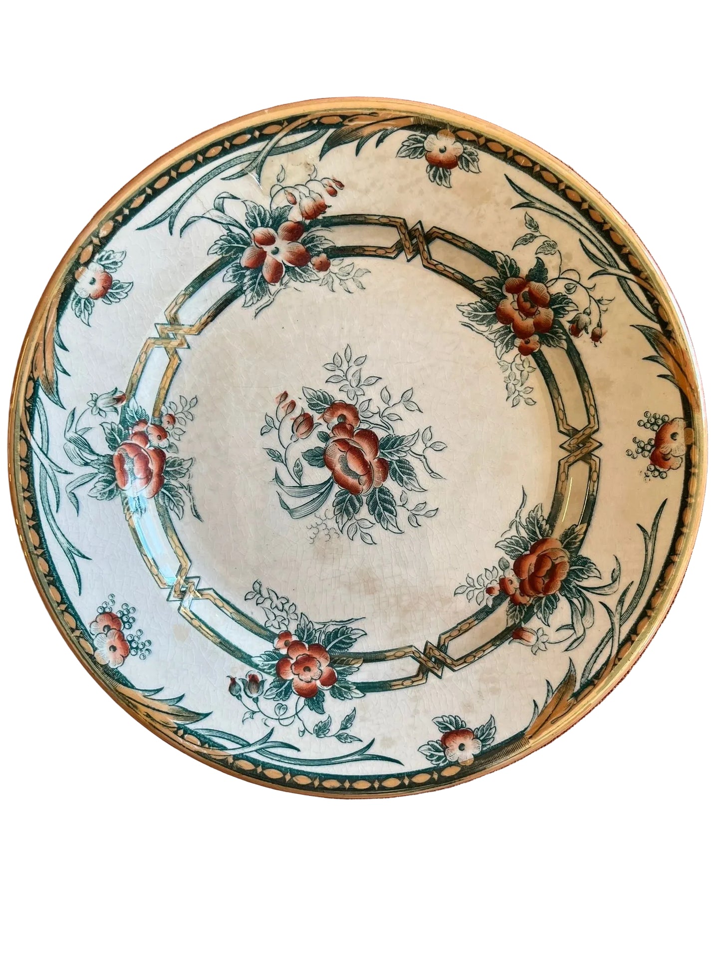 Assiette ancienne terre de fer Gien décor floral polychrome XIXe siècle