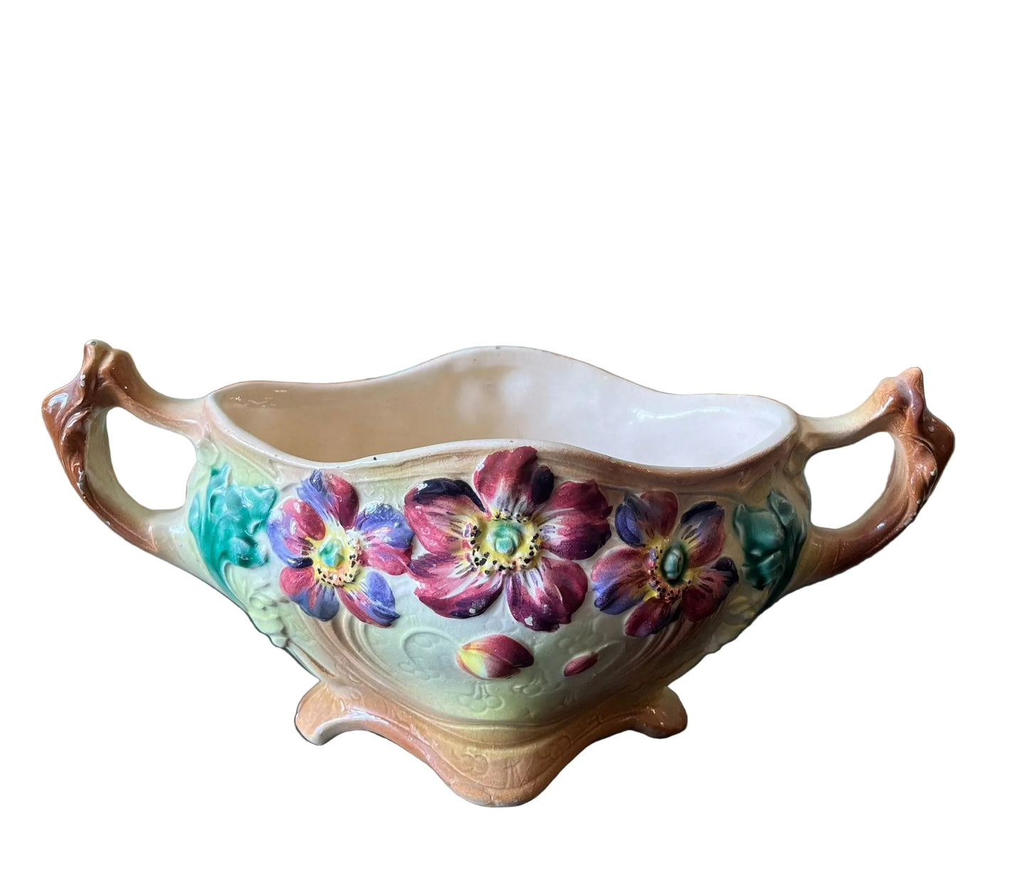 Grande jardinière ancienne en barbotine fleurie – cache-pot Art Nouveau 31 cm