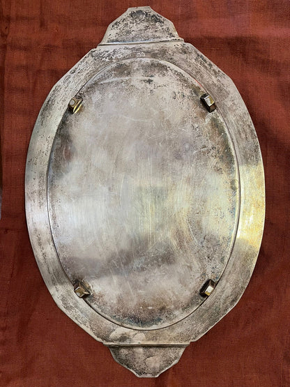 Plat de service Art Déco métal argenté ovale décor géométrique 1930