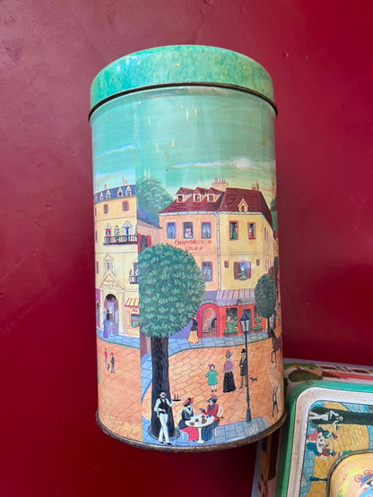 Lot de 4 boîtes anciennes en métal décor village parisien style naïf