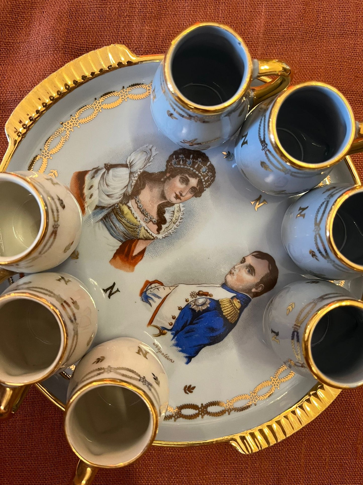 Service liqueur Napoléon Joséphine Ajaccio porcelaine France plateau 6 tasses