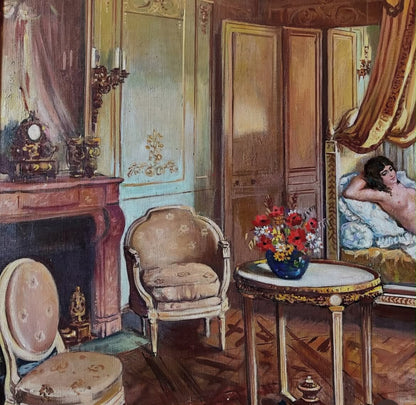 Grand tableau huile sur toile Raymond Riflar Nu intérieur Louis XVI 105x132 cm