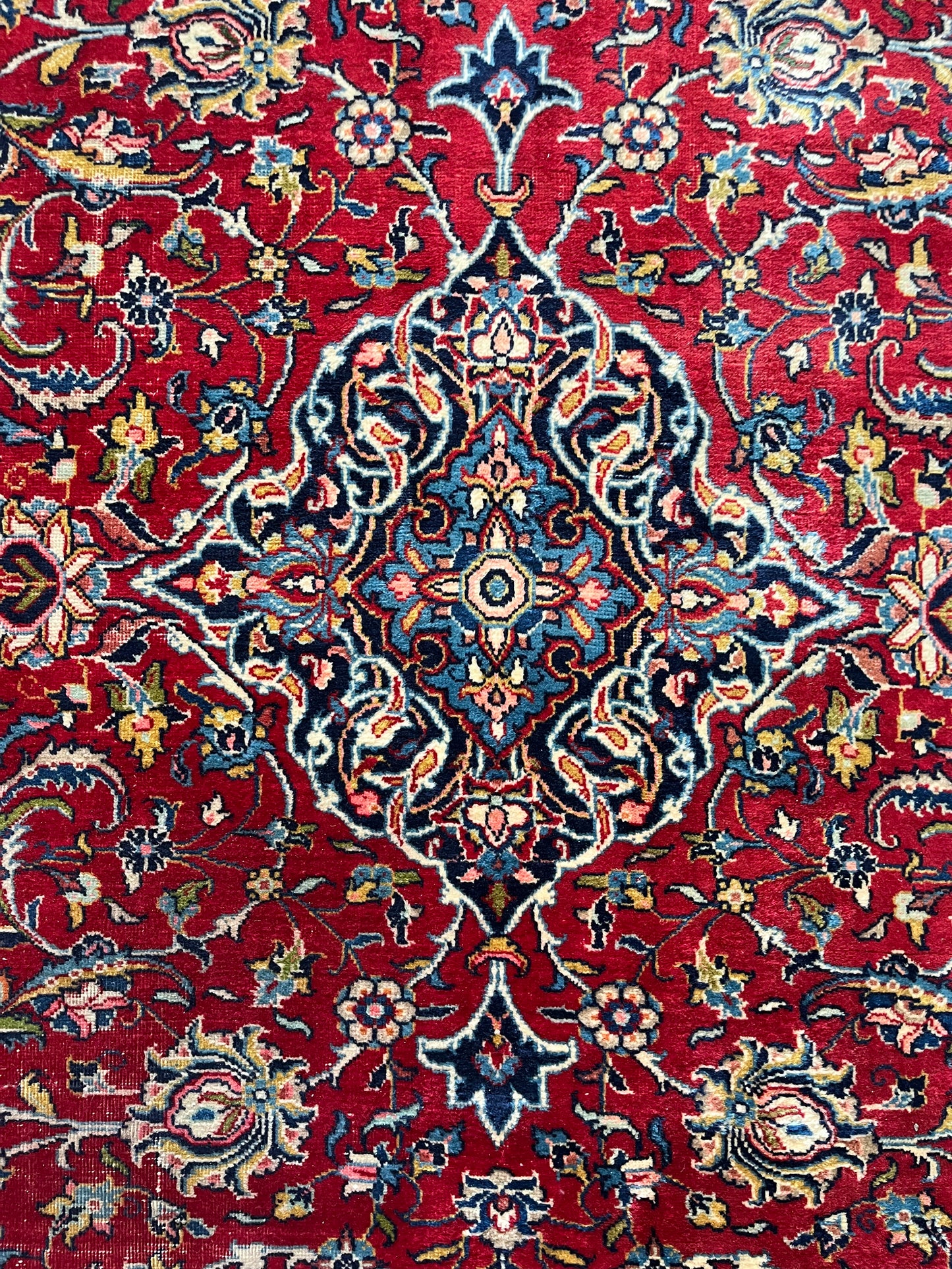 Grand tapis ancien en laine noué main décor persan rouge 310 x 209 cm