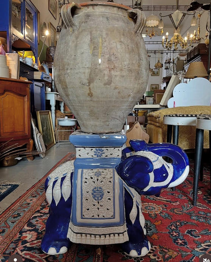 Tabouret éléphant céramique bleu porte plante asiatique