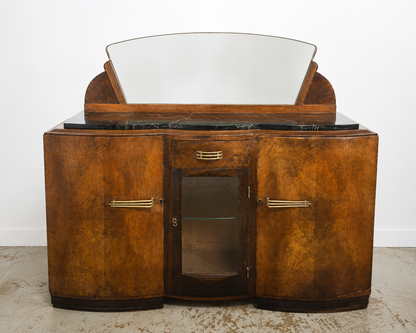 Buffet bar Art Déco avec miroir en bois galbé – meuble années 1930