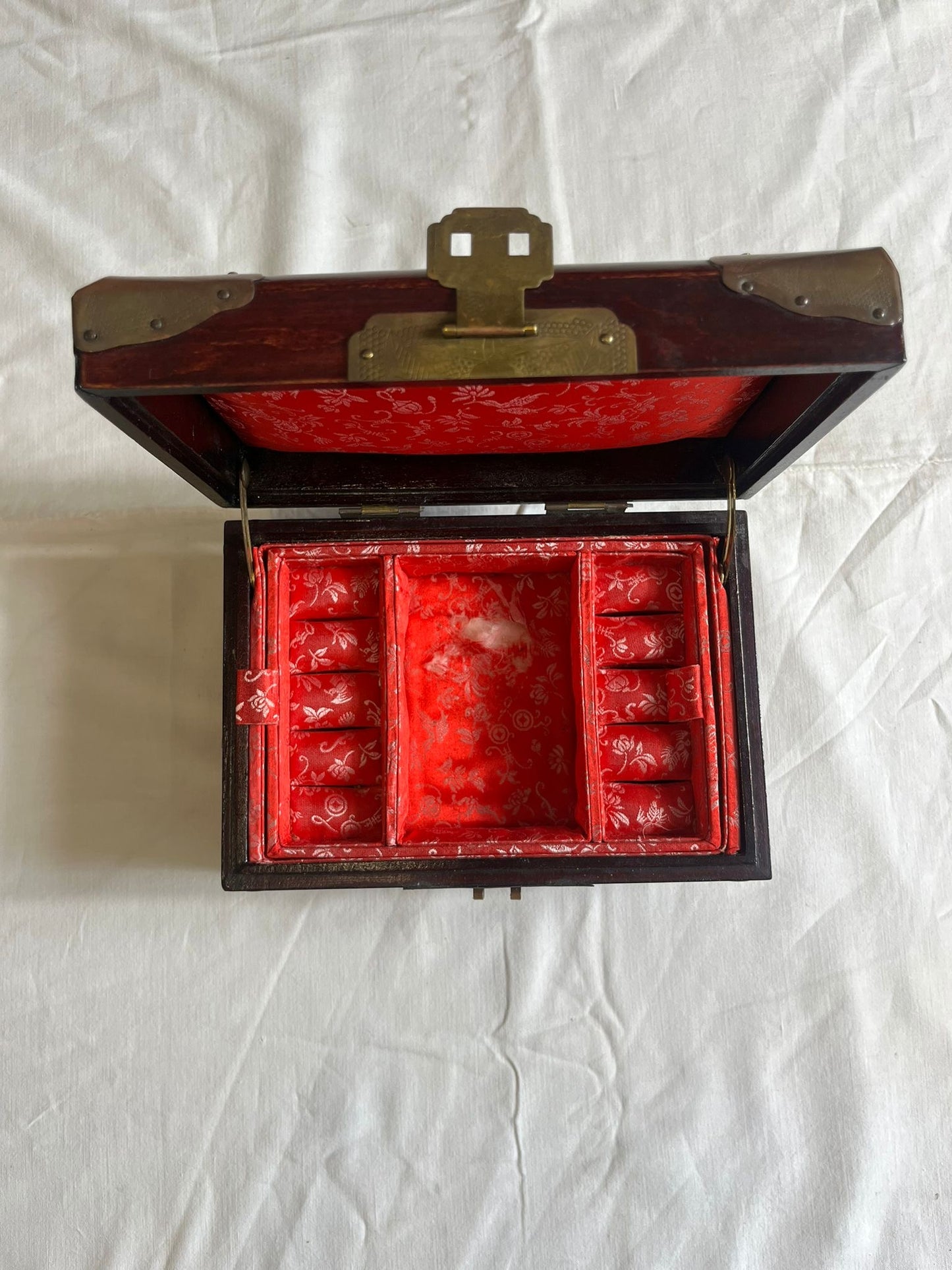 Boîte à Bijoux Chinoise Ancienne Bois Laiton Pierre Jade Coffret Asiatique