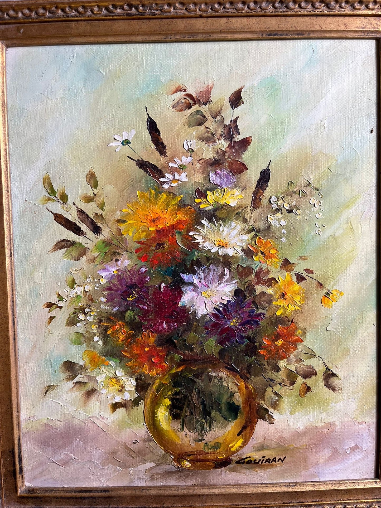 Huile sur toile bouquet floral signée Louiran, encadrée